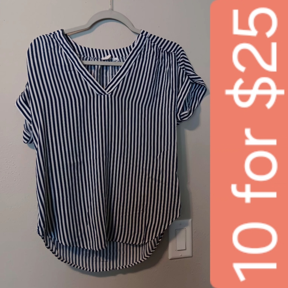 GAP Navy and White Vertical Stripe V-Neck Blouse
